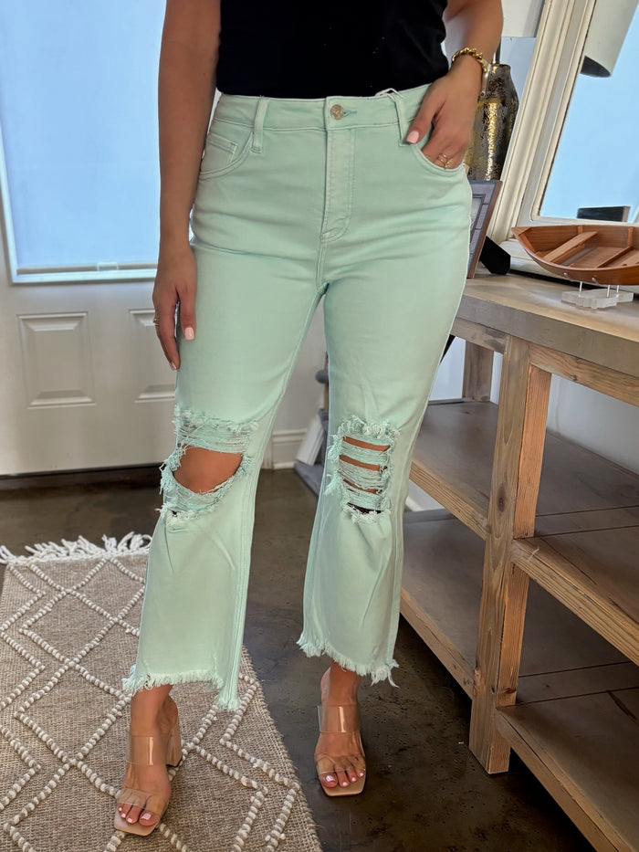 Mint Distressed Straight Leg Jean - Risen