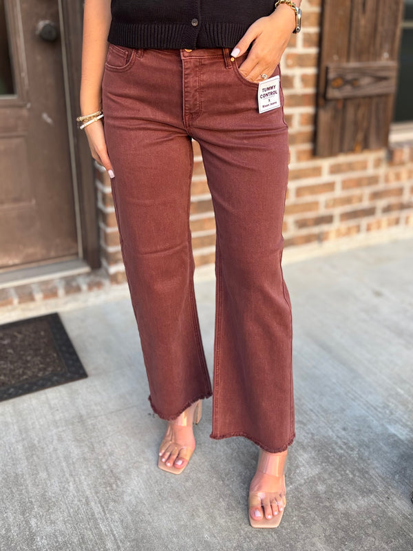Arden Chocolate Wide Leg Tummy Control Jean - Risen