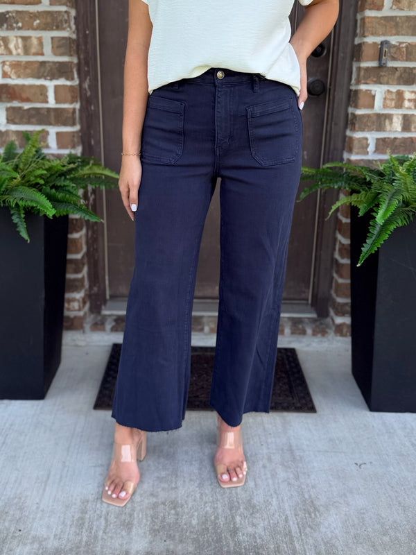 Navy High Rise Wide Leg Crop Denim