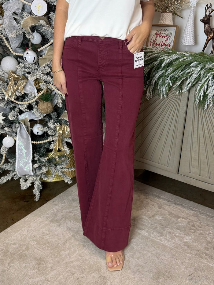 Wine Tummy Control Wide Leg Jean - Risen