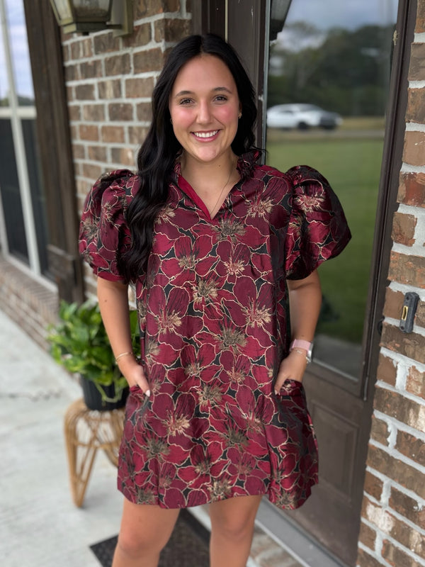 Gilded Petals Puff Sleeve Dress