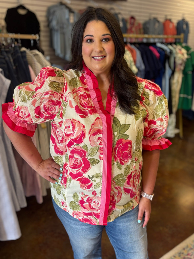 Rose Garden Ruffle Trim Top - Plus