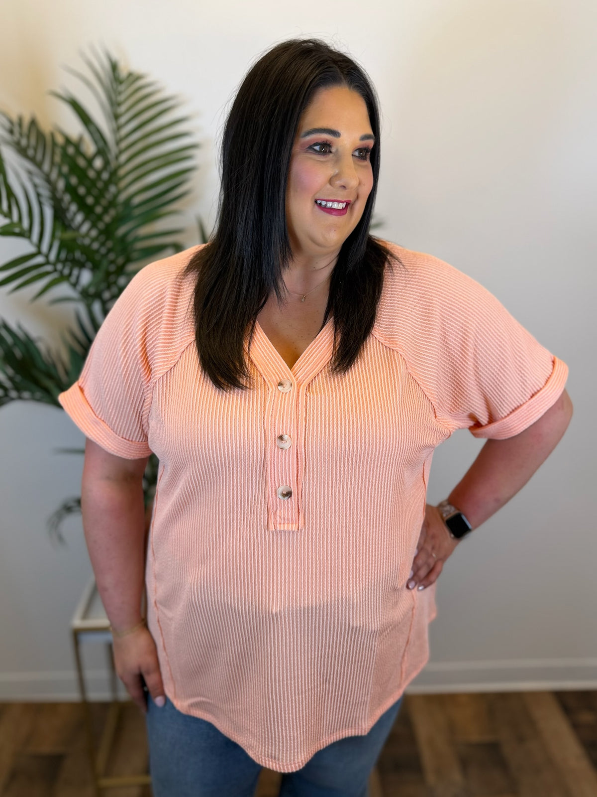 Pretty Peachy Ribbed Top - Plus