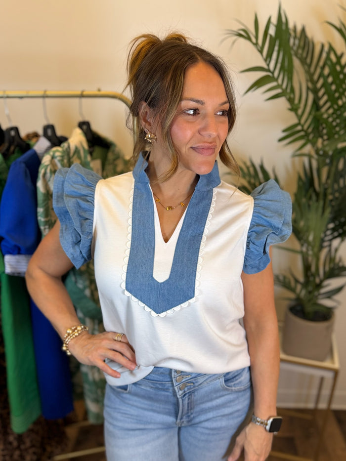 Coastal Contrast Ruffle Sleeve Top