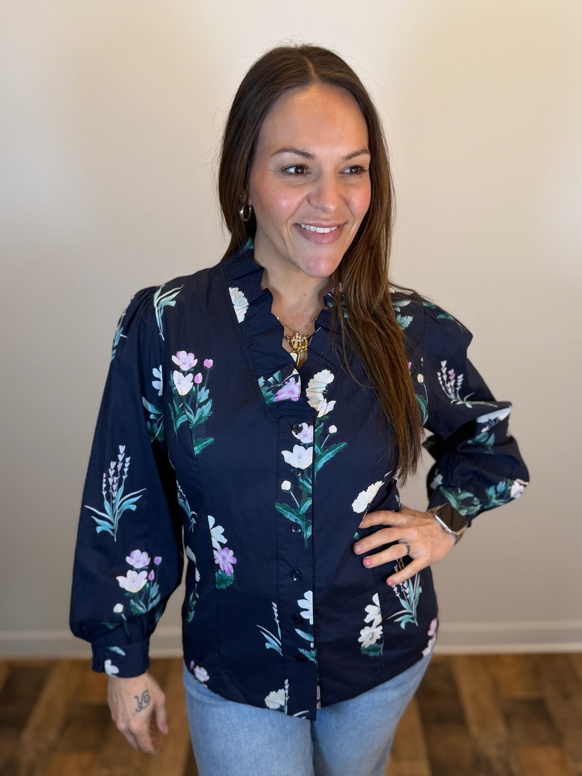 Floral Verse Button Front Blouse