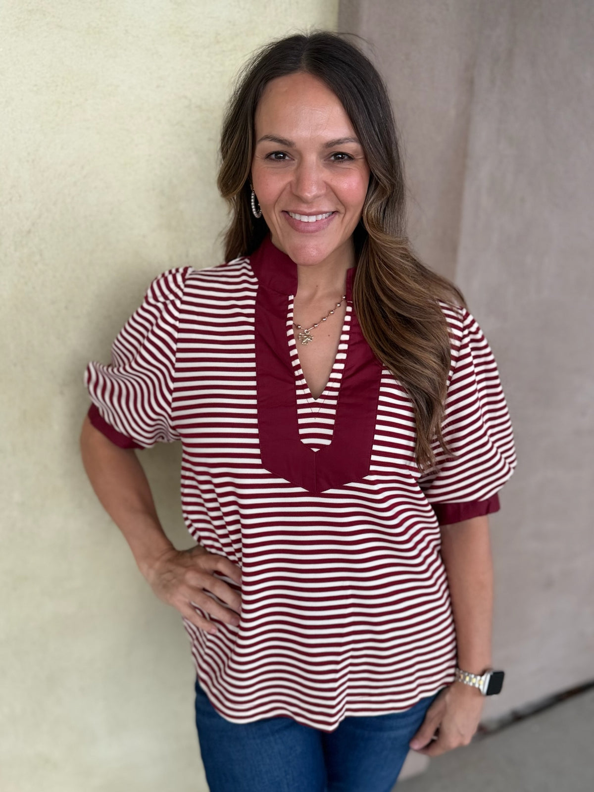 Prep School Puff Sleeve Top - Burgundy