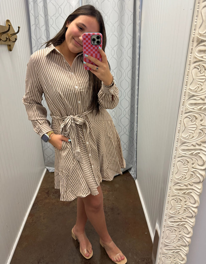 Cinnamon Stripe Button Front Dress