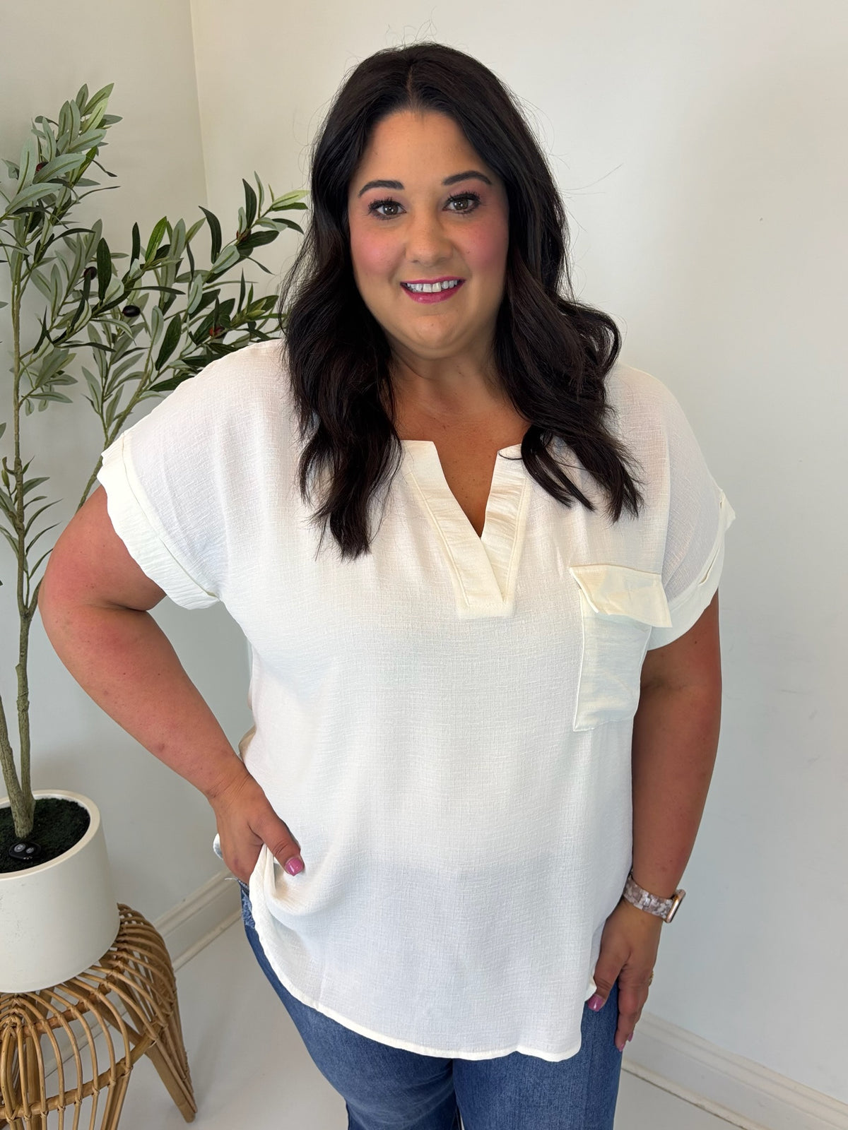 Sonya Split Neck Top - Plus (Cream)