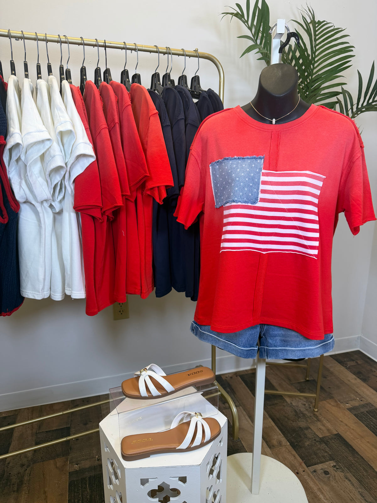 Red vintage wash t-shirt with American flag design on a mannequin, surrounded by colorful shirts on hangers.