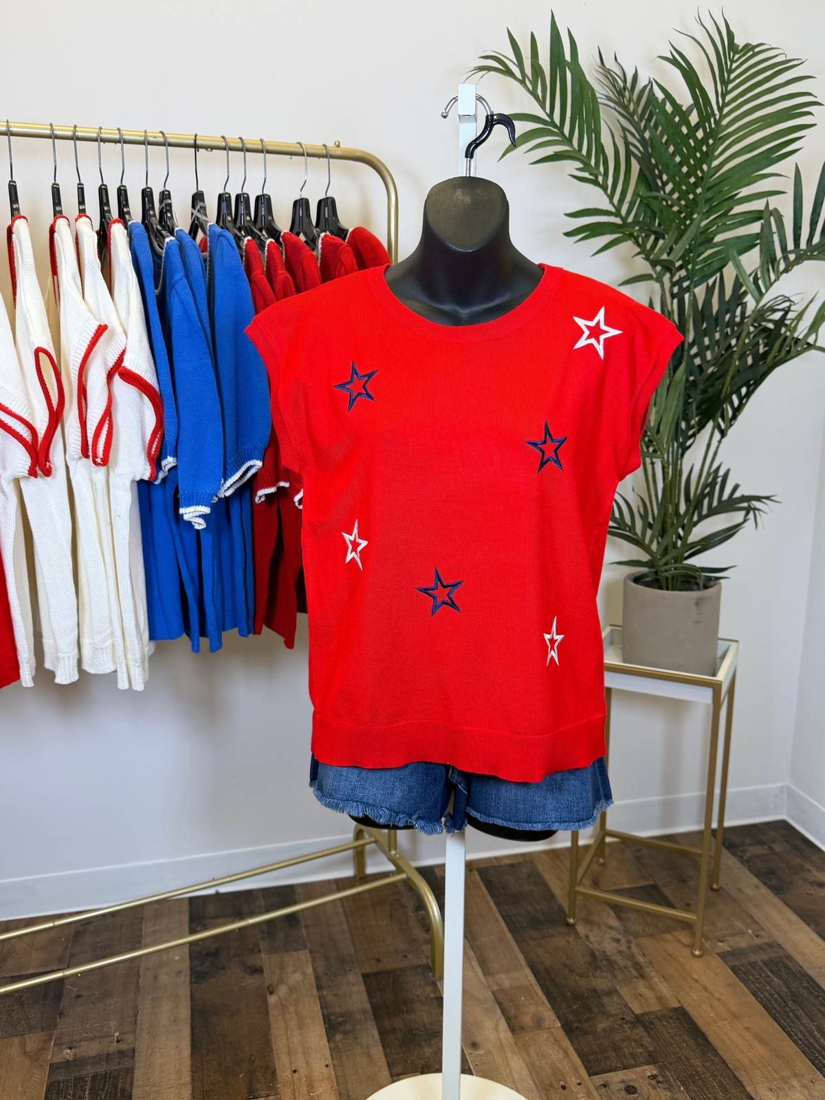 Red top with star patterns on a mannequin in a clothing store setting.