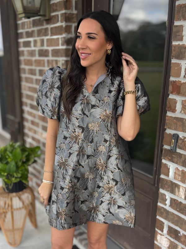 Gilded Petals Puff Sleeve Dress - Blue