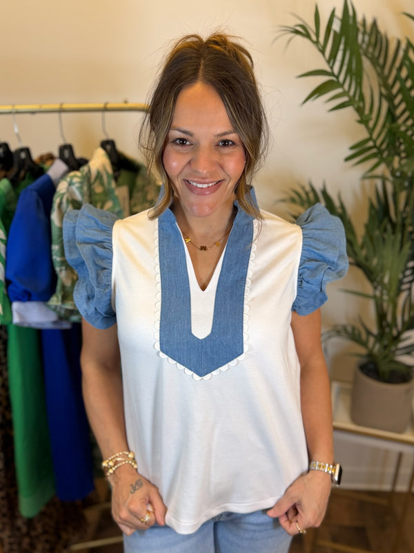 Coastal Contrast Ruffle Sleeve Top