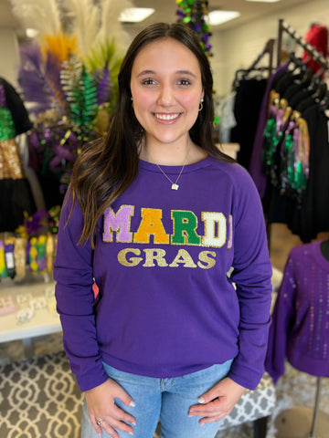 Mardi Gras Letter Patch Sweater