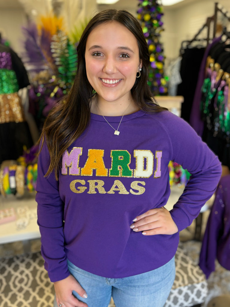 Mardi Gras Letter Patch Sweater