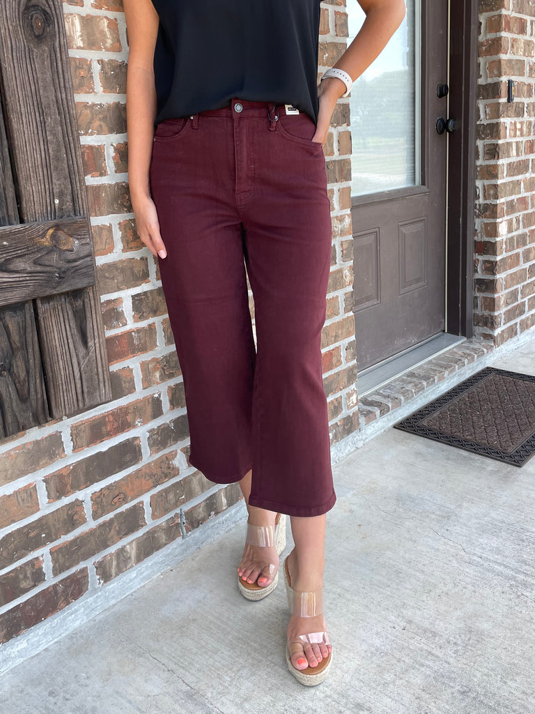 Maroon Wide Leg Tummy Control Jean - Judy Blue