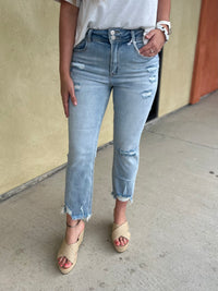 High Rise Destroyed Slim Straight Jeans - Risen